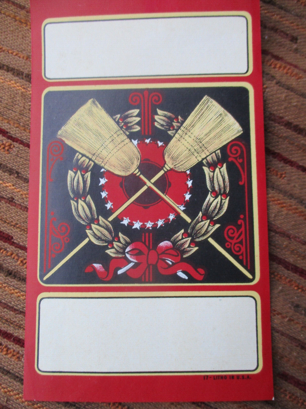 Vtg Deco Dual Brooms image Lithographed Graphic Advertising PAPER LABEL 1920’s