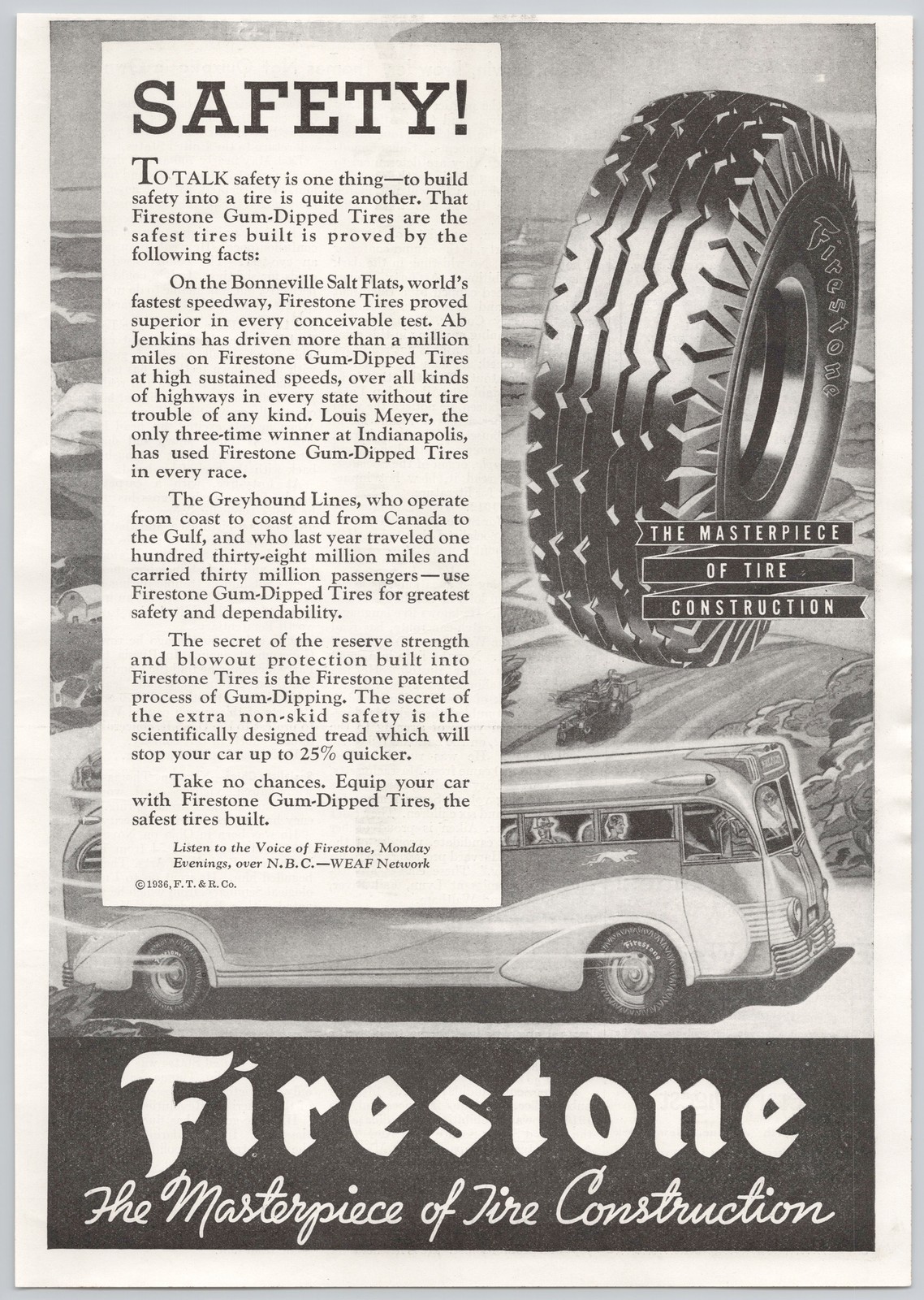 Firestone Tires Gum-Dipped Greyhound Lines Safety 1936 Vintage Print Ad