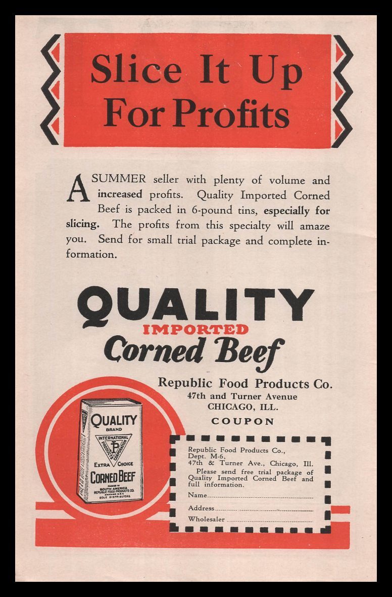 1929 Republic Food Products Co. Chicago Corned Beef 6 Pound Tin Vintage Print Ad