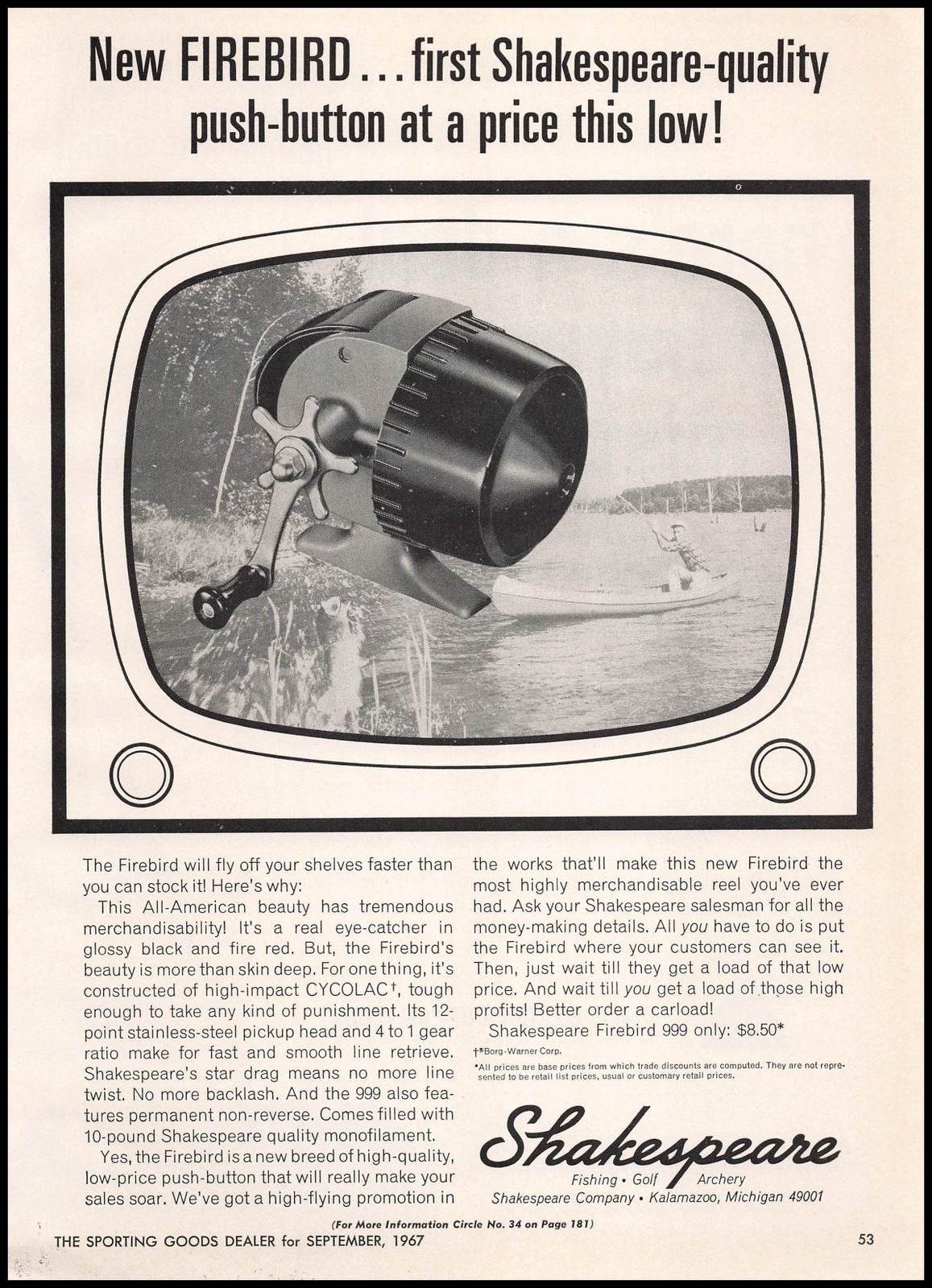 1967 Shakespeare Kalamazoo Michigan Photo Firebird Cycolac Fishing Reel Print Ad