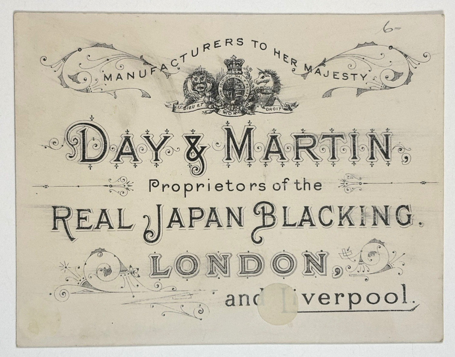 VICTORIAN TRADE CARD: 1880s Day & Martin – Real Japan Blacking – London – Hobbs