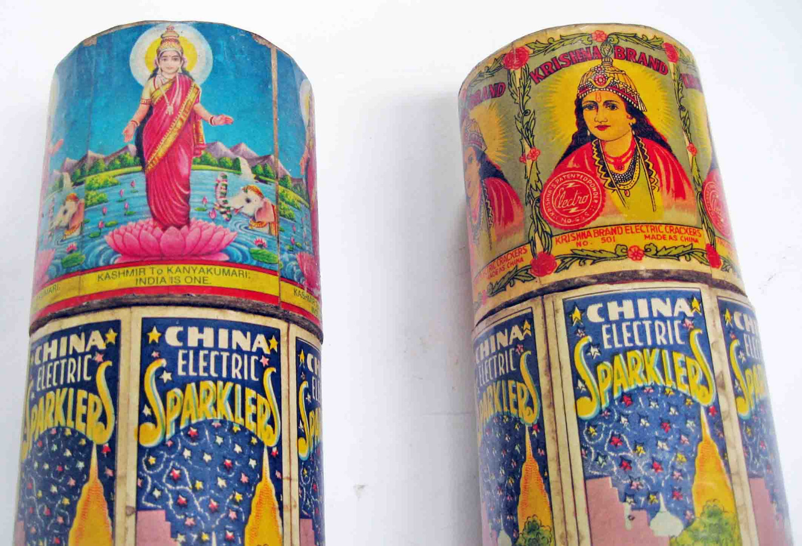 c1920s (2) DIFF “CHINA FIRE WORKS” SPARKLER Lid/Tubes-KRISNA+MAGIC SNAKES Brands