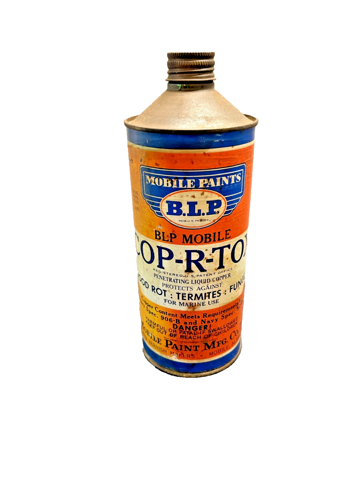 Vtg. Cone Top 1 QT. “Cop-R-Tox” Can Paper Label Good Cond. READ