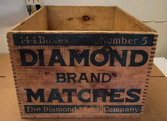 Vintage Wooden Match Crate Diamond Matches Large Wood Antique Advertising Box