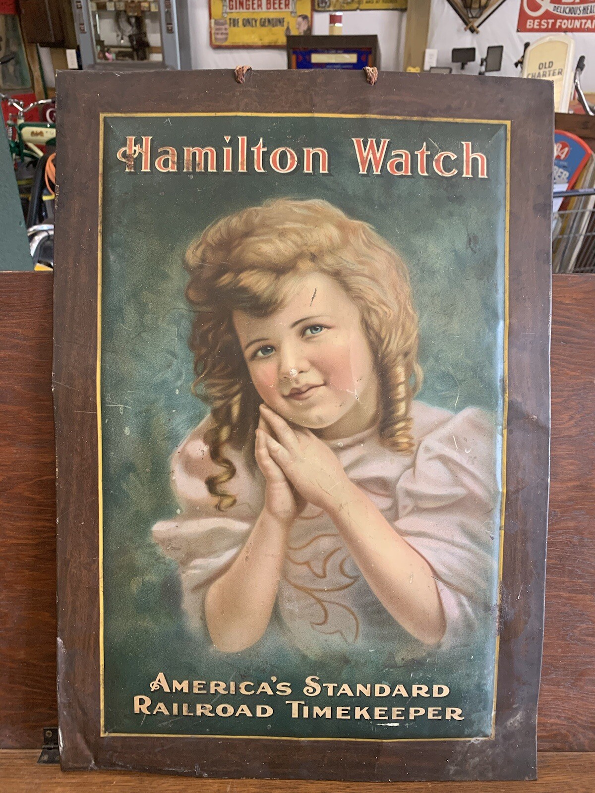 Vintage RARE Hamilton Railroad Pocket Watch Metal Sign 13″ x 19″ GAS OIL COLA