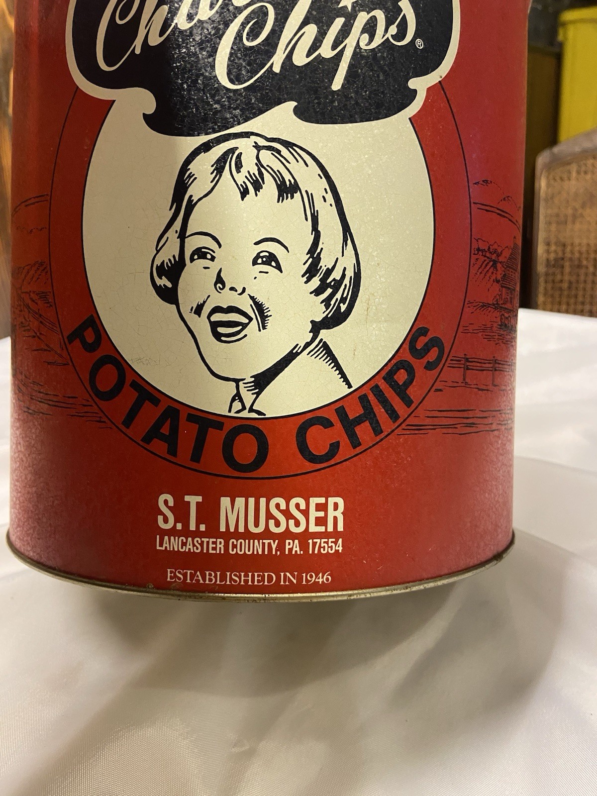 Vintage Charles Chips Tin S.T. Musser Lancaster County PA Amish Pics