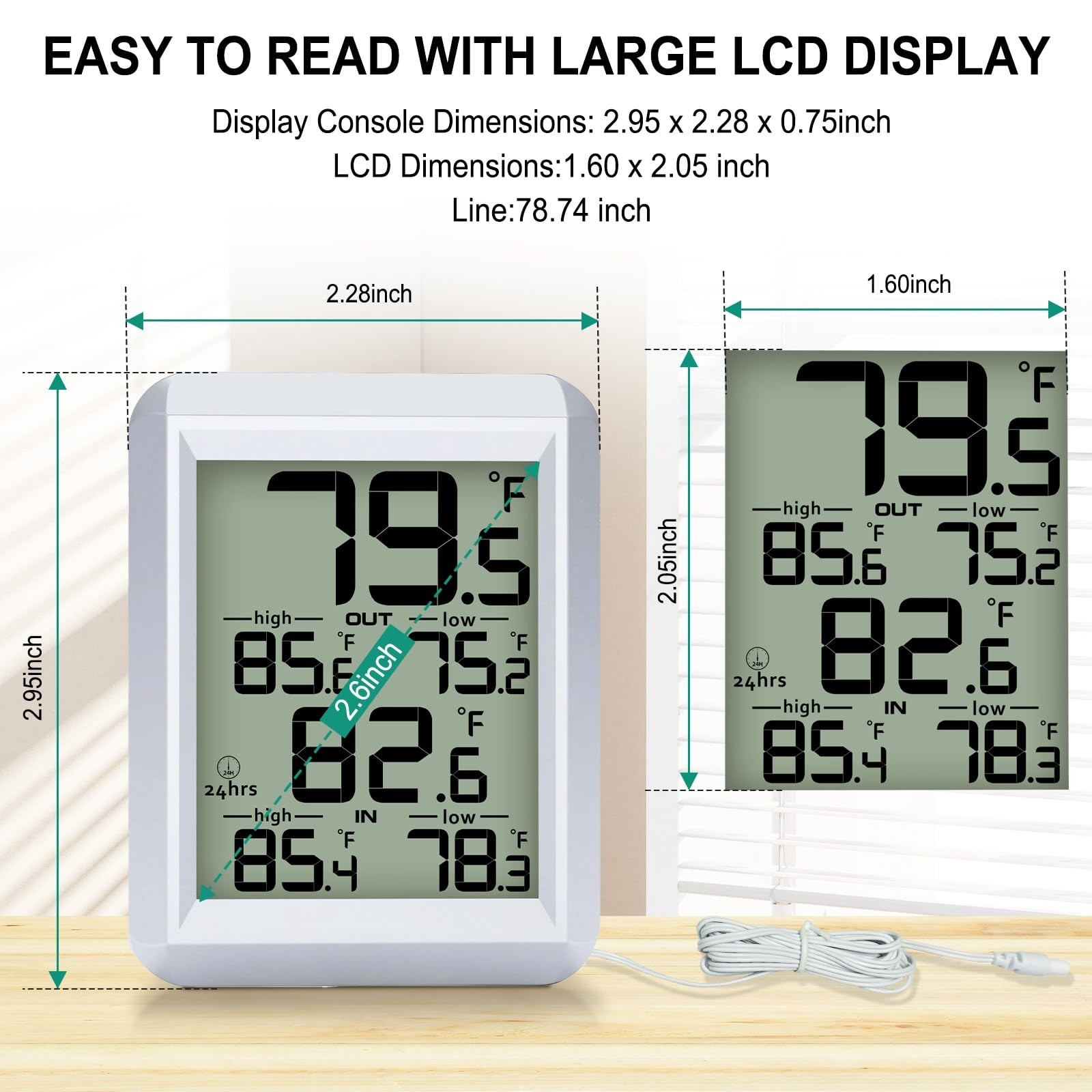 High Accuracy Digital Thermometer, Indoor/Outdoor, Waterproof, Large Display