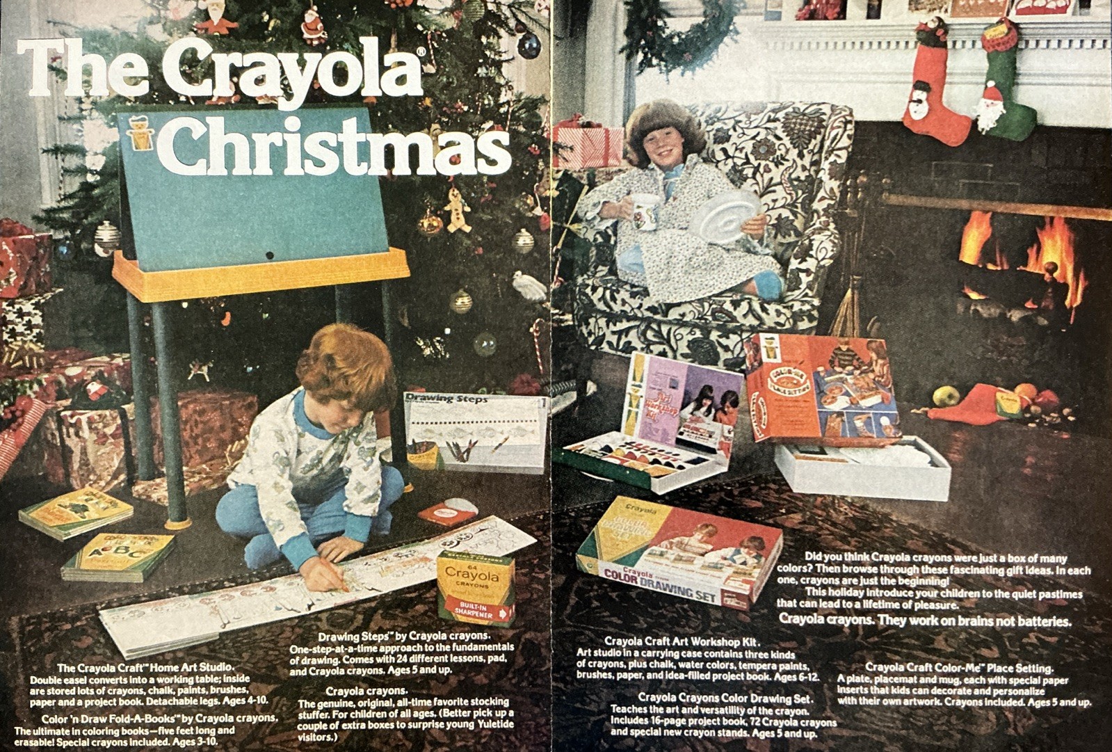 1977 Crayola Crayons Christmas 2-Page Vintage Kids Art Toy Print Ad Holiday