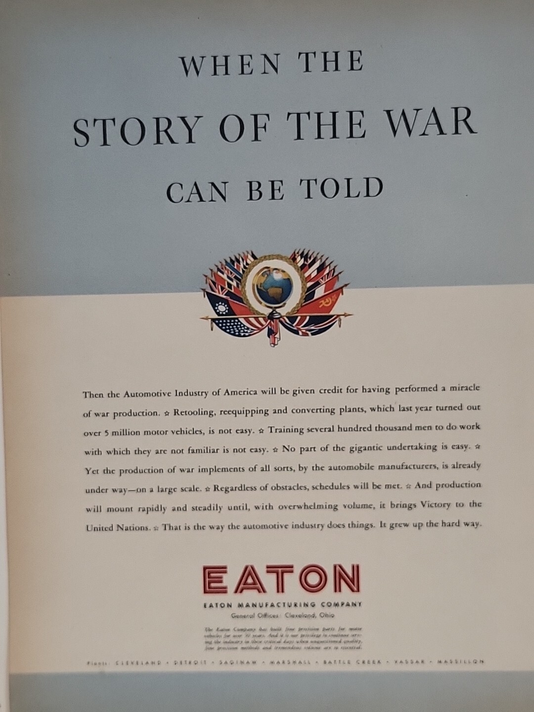 1942 Eaton Manufacturing Company Fortune WW2 Print Ad Q2 Flags Globe War Ohio