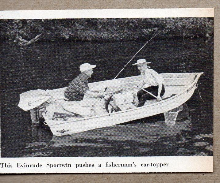 1960 Magazine Photo Evinrude Sportwin Outboard Motor & Car Top Boat