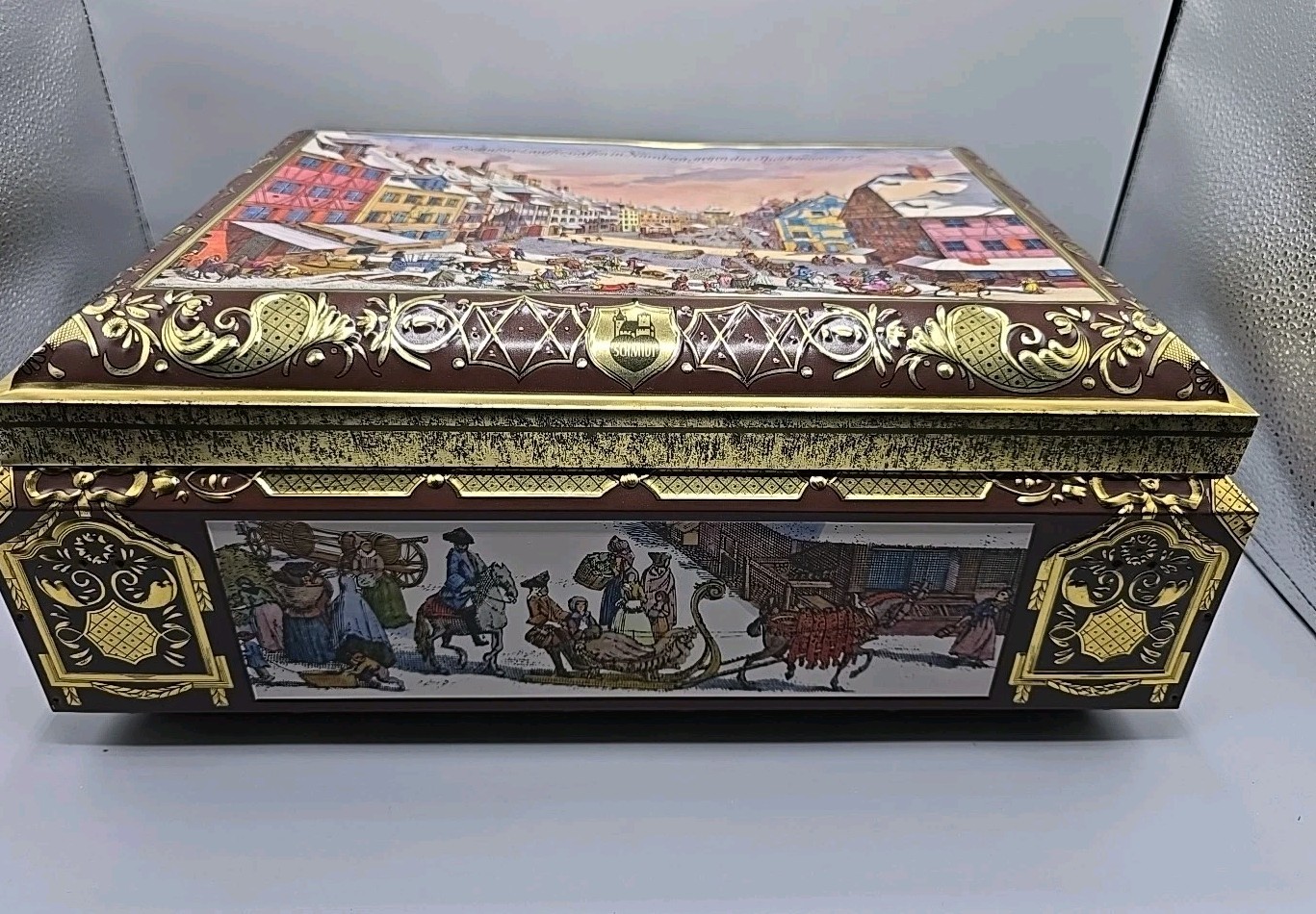 E Otto Schmidt Nurnberg Large Tin Box Red & Gold German Lebkuchen Vtg