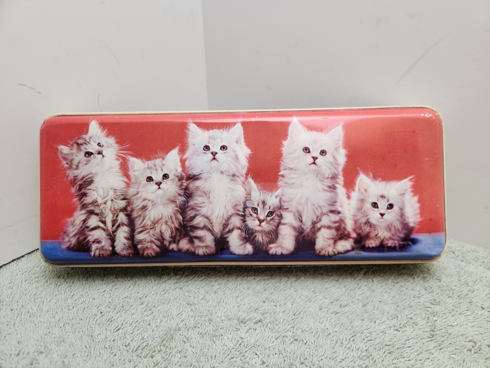 Thorne’s Toffee Tin 6 Darling Kittens Orange & Blue Oblong 4″x10″ England