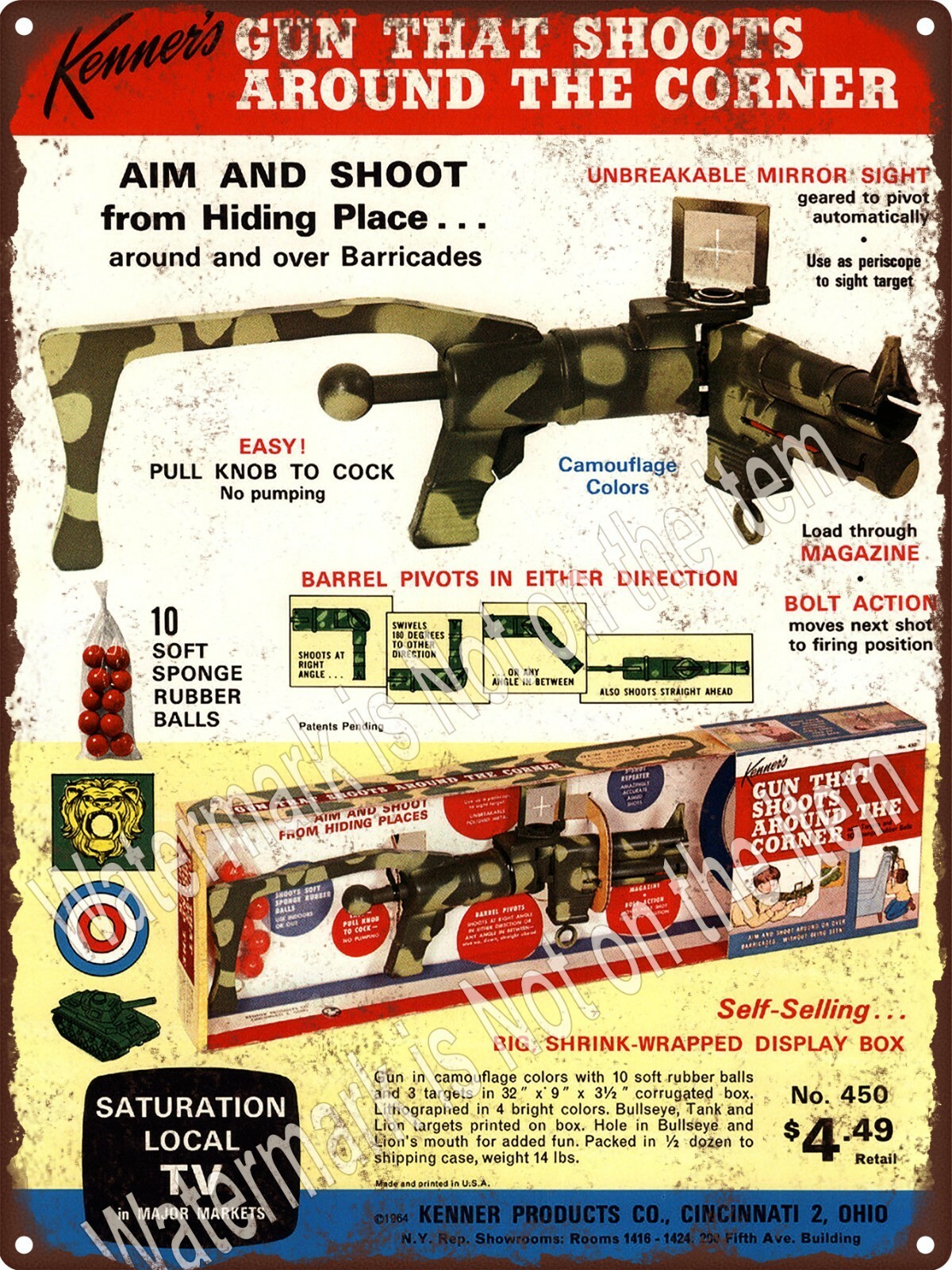 1964 Kenner’s Toy Gun Rifle That Shoots Around The Corner Metal Sign 9×12 A565