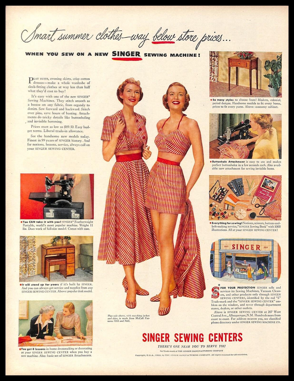 1950 Singer Sewing Machines Vintage PRINT AD Summer Clothes Home Sewing Fashion