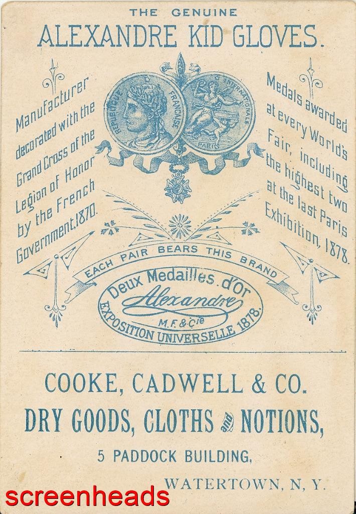 ANTIQUE Victorian Trade Card ALEXANDRE KID GLOVES Watertown New York VG