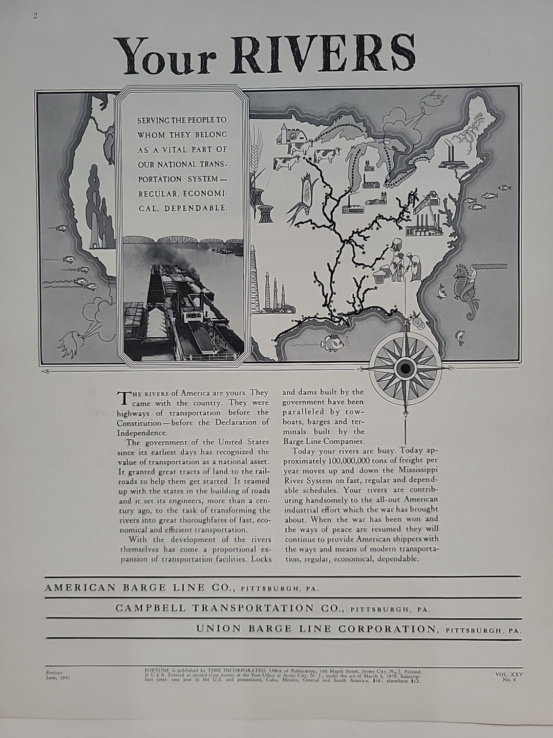 1942 American Barge Line Co. Fortune WW2 Print Ad Q2 Rivers Campbell Union Map