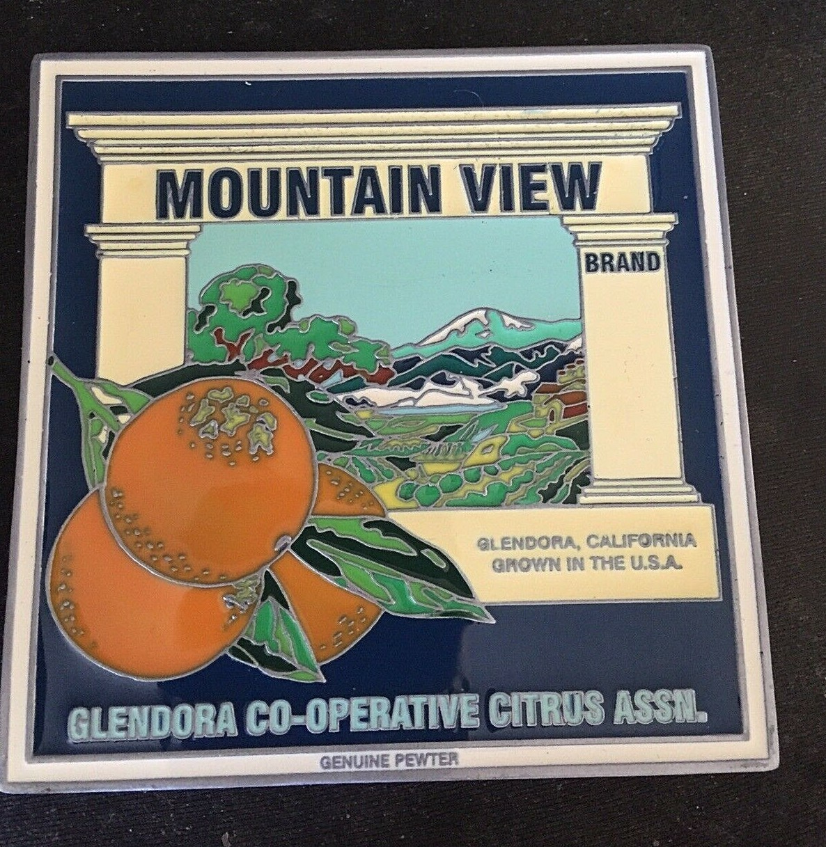 RARE 2004 MOUNTAIN VIEW BRAND GLENDORA CALIFORNIA CITRUS ASS. PEWTER PAPERWEIGHT