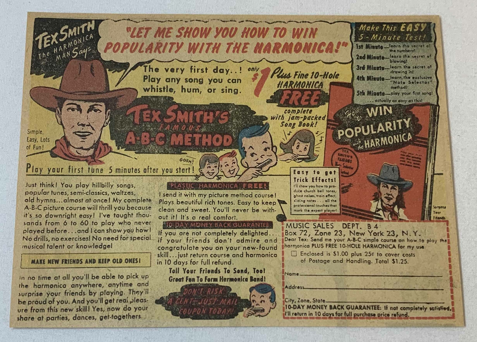 1959 cartoon ad ~ TEX SMITH’S ABC HARMONICA METHOD