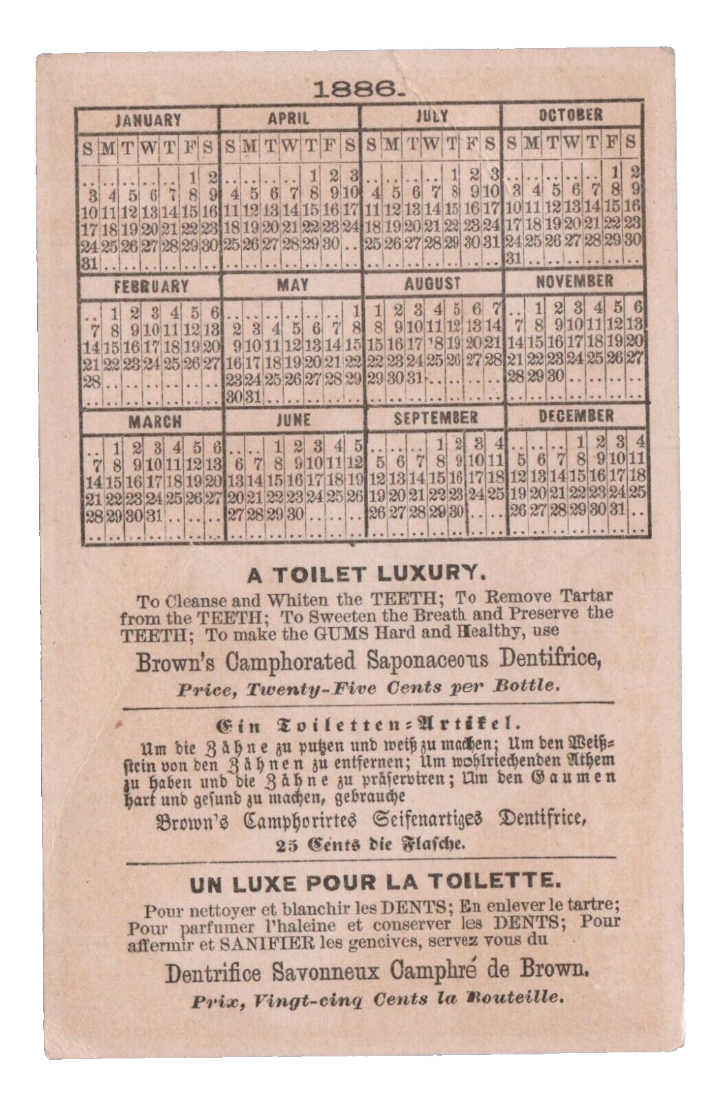 1886 Mrs Winslow’s Soothing Syrup Ad Trade Card Calendar Dental Quack Medicine