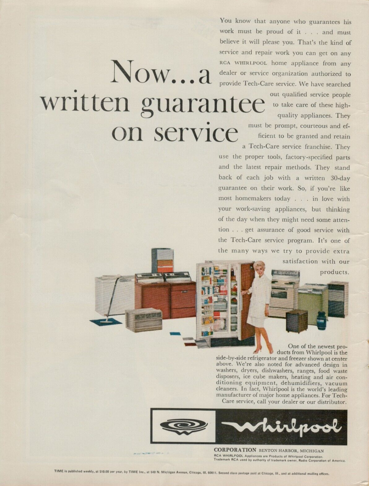 1966 Whirlpool Corp Refrigerator Washer Dryer Tech-Care VINTAGE PRINT AD