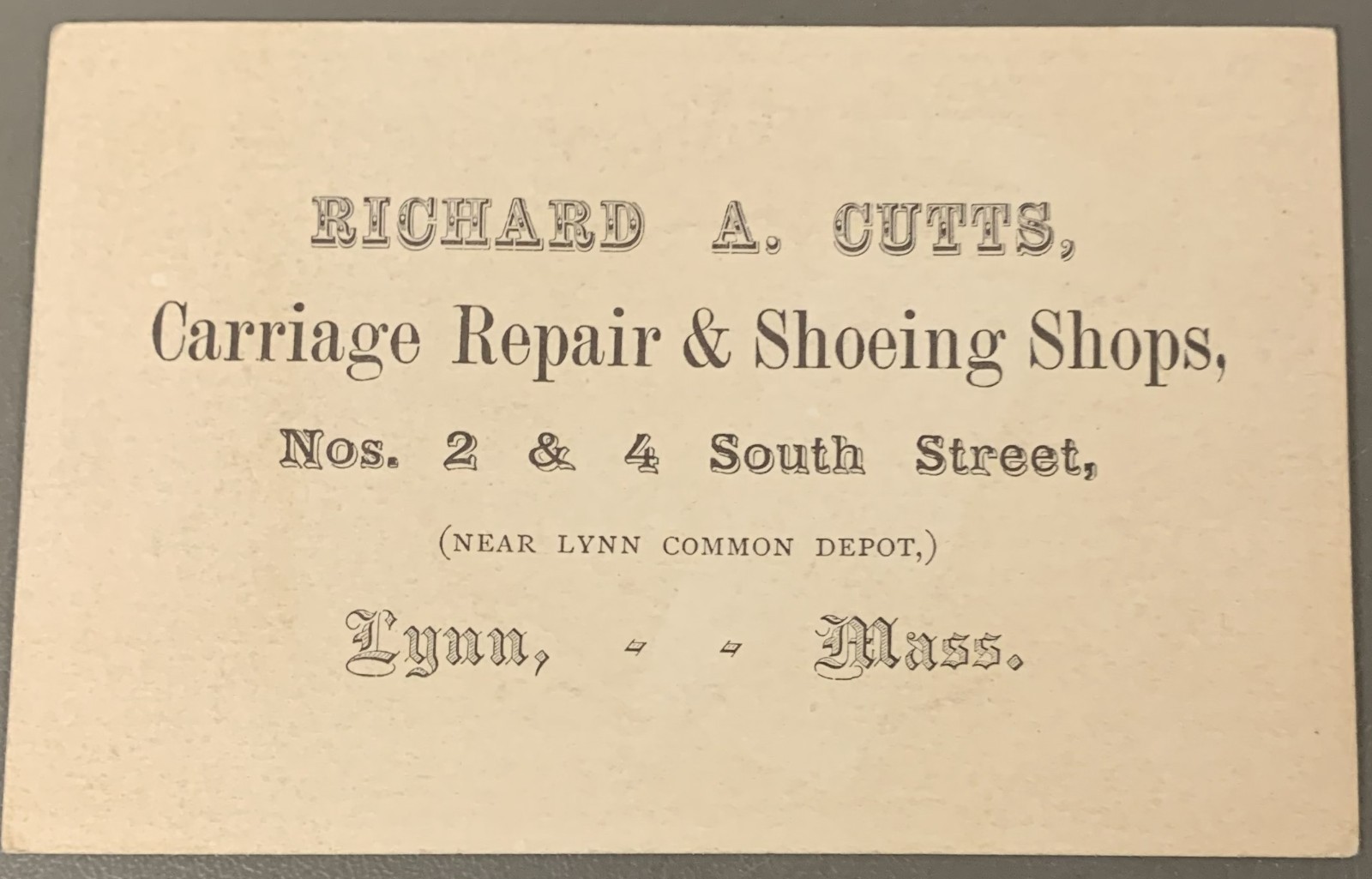 # K4244 VICTORIAN TRADE CARD, RICHARD CUTTS, LYNN, MA.