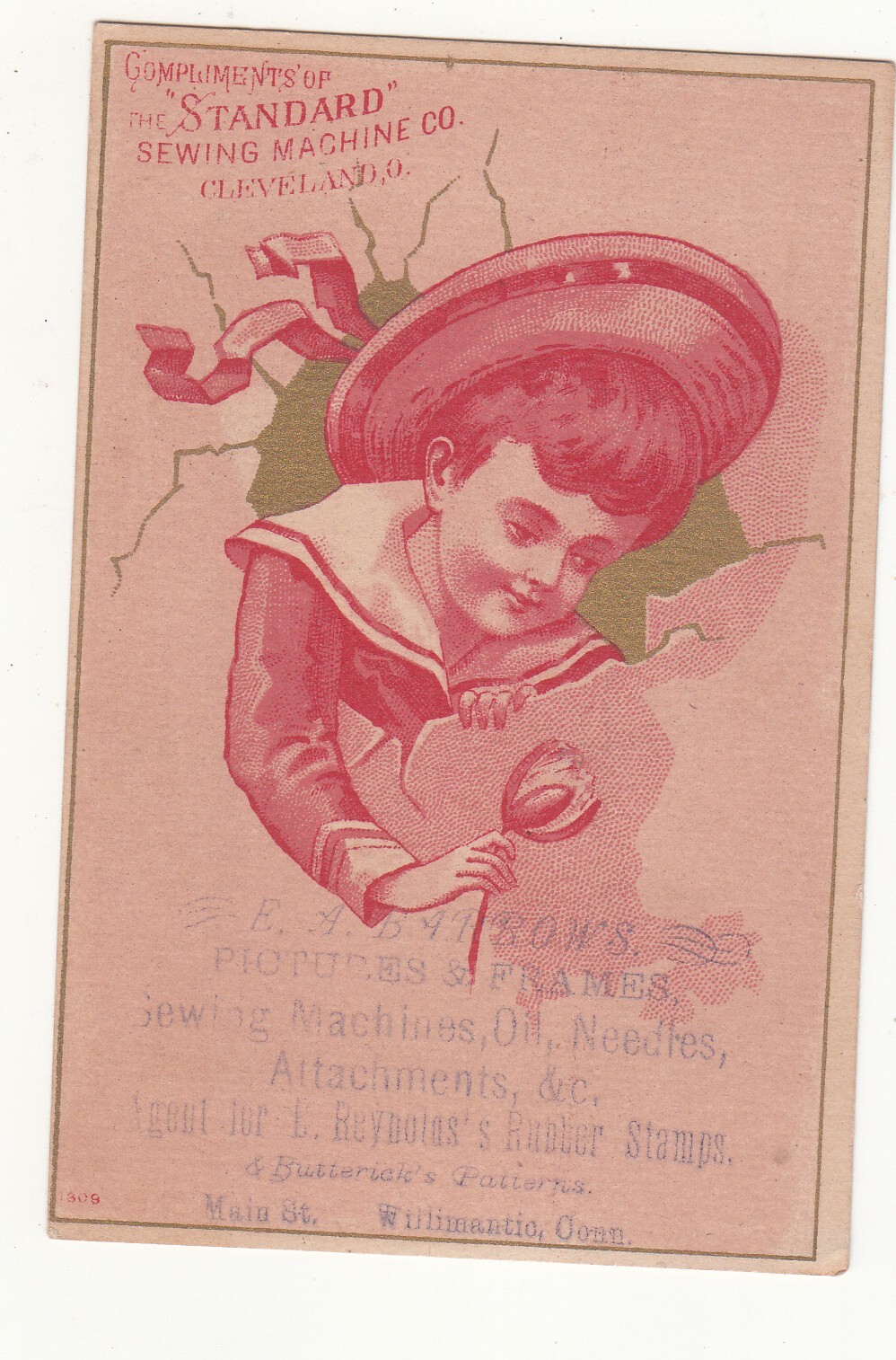 Standard Sewing Machine E A Barrow’s Willimantic CT Boy Hat Vict Card c1880s