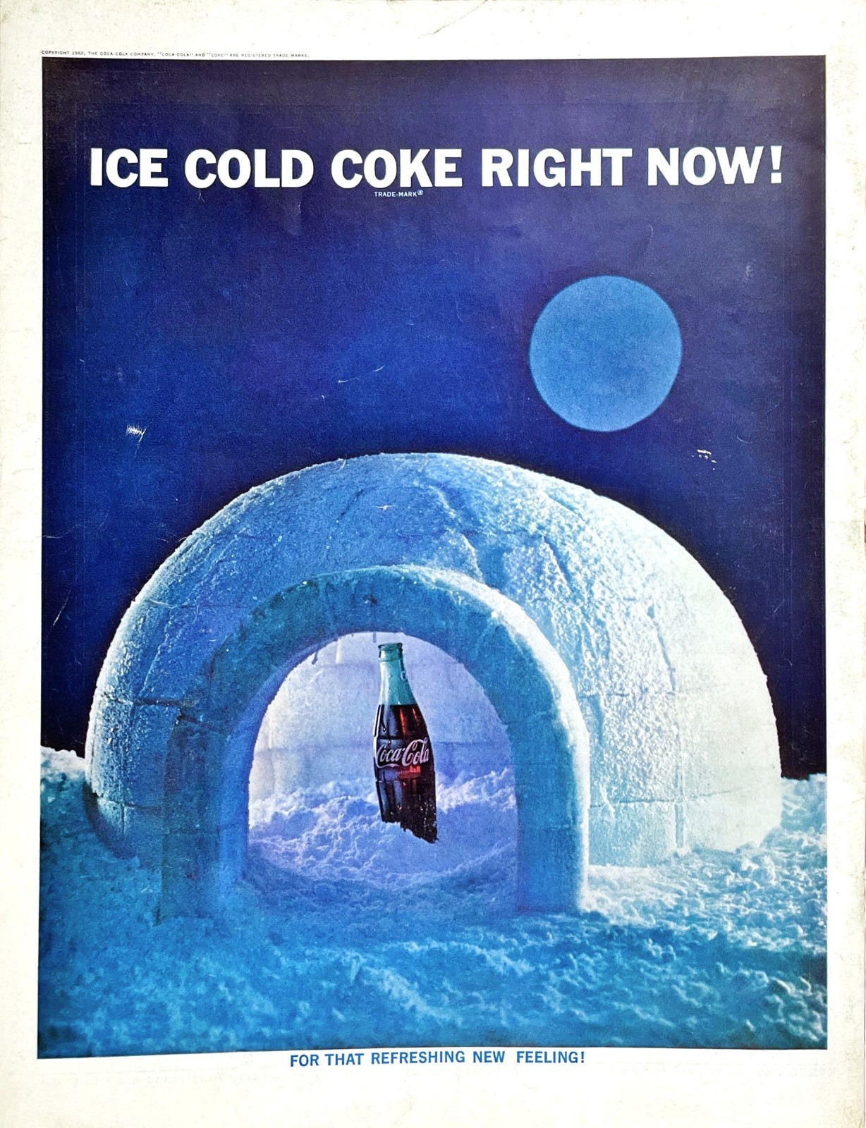 Ice Cold Coke Beautiful Blue Graphics Right Now Igloo Coca-Cola Vtg Mag Print Ad