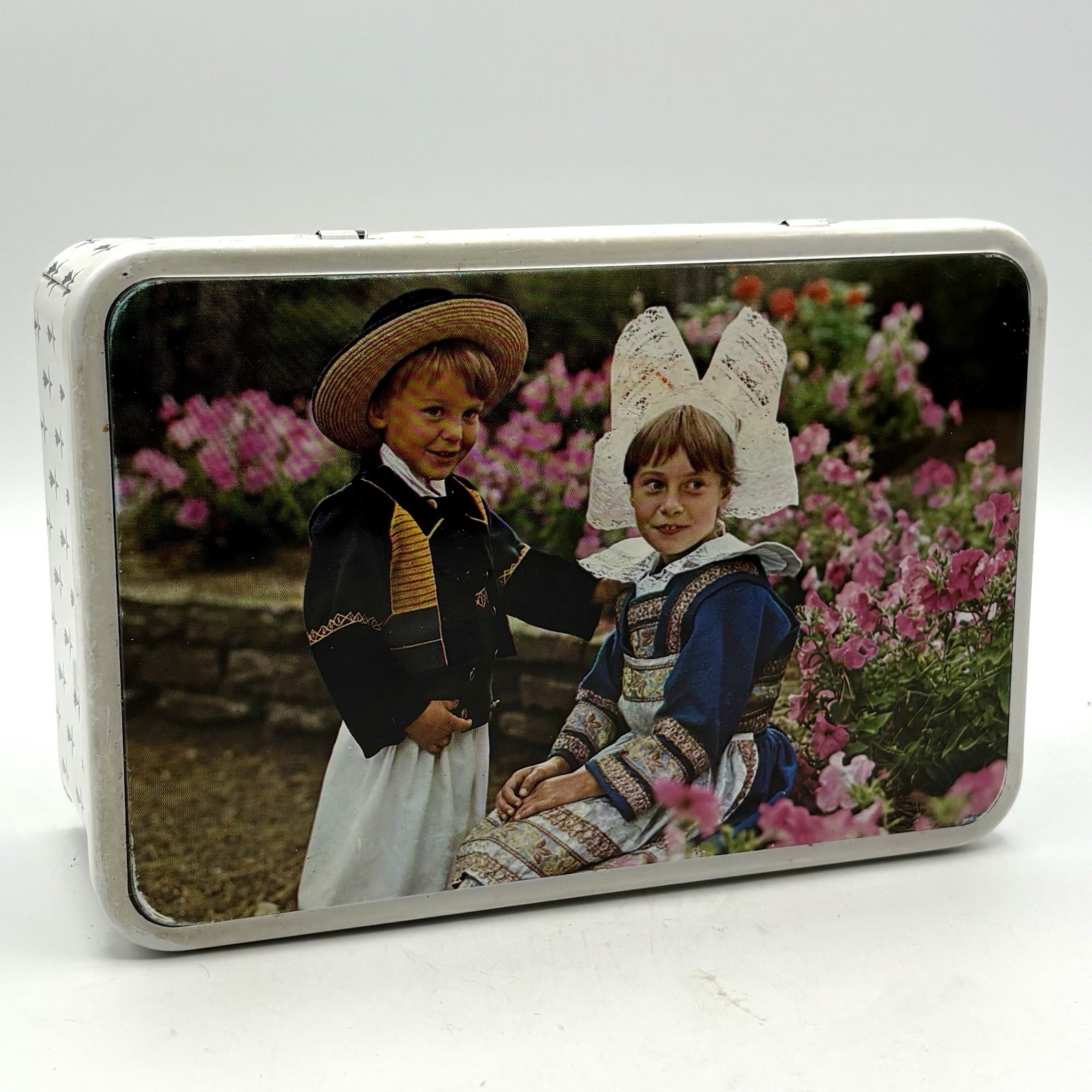 Massilly French vintage tin box pictures of children in traditional clothes