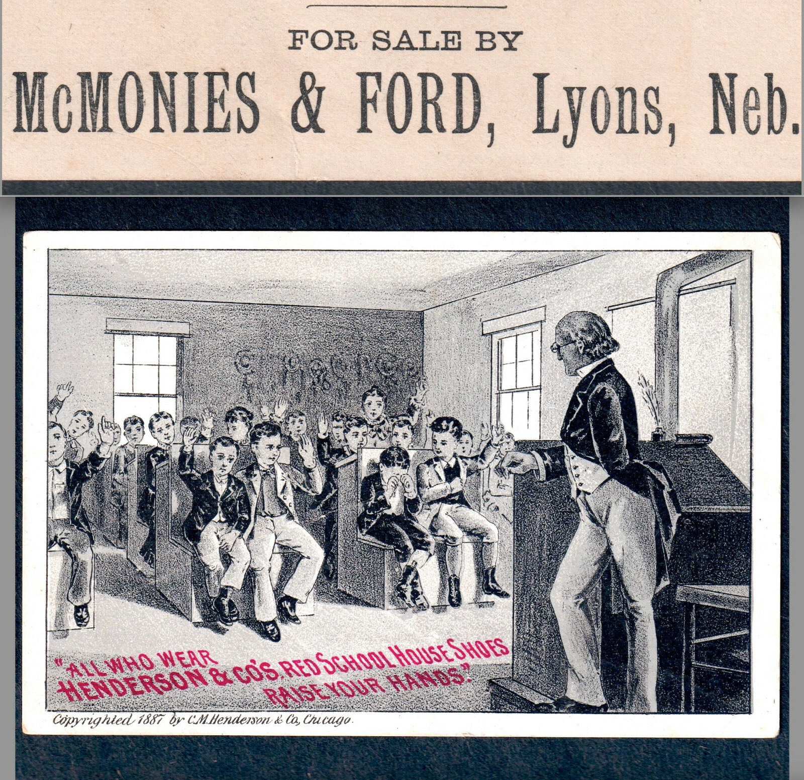 Lyons NE c. 1887 McMonies Ford Little Red School House Henderson Shoe Trade Card