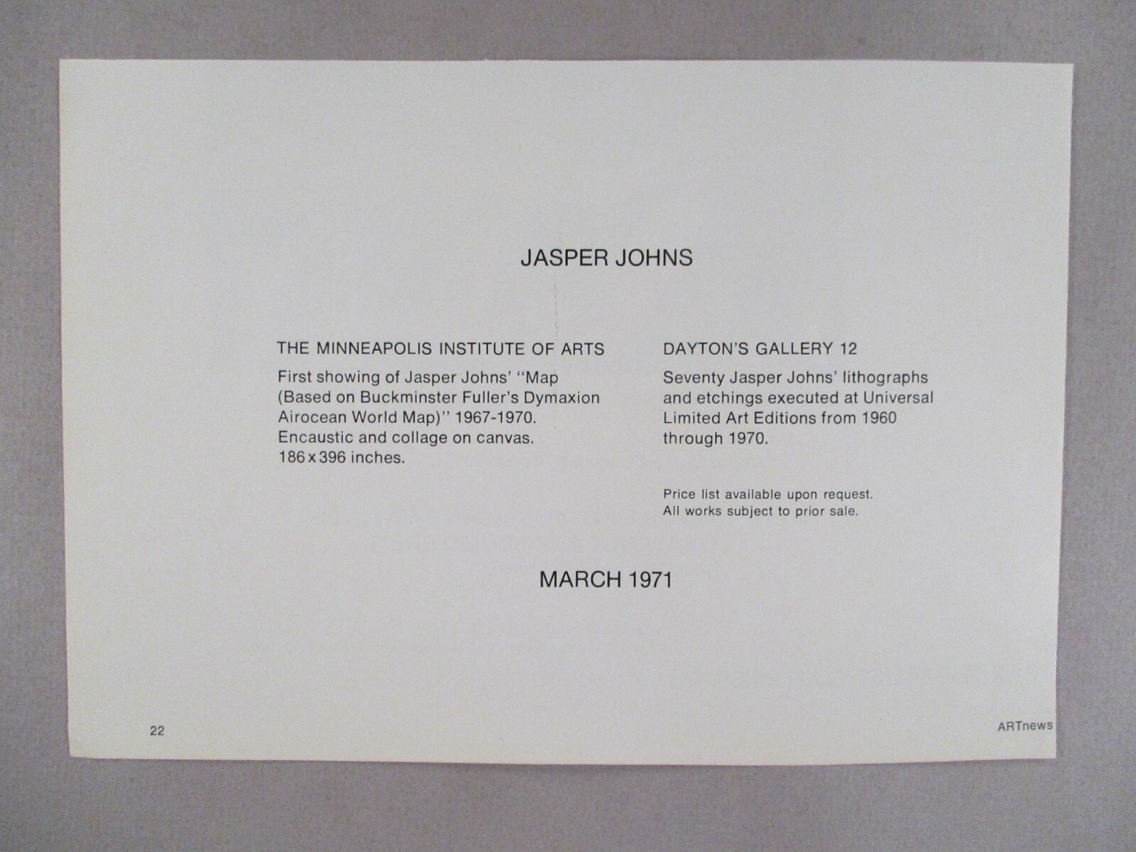 Jasper Johns Art Gallery Exhibit PRINT AD – 1971