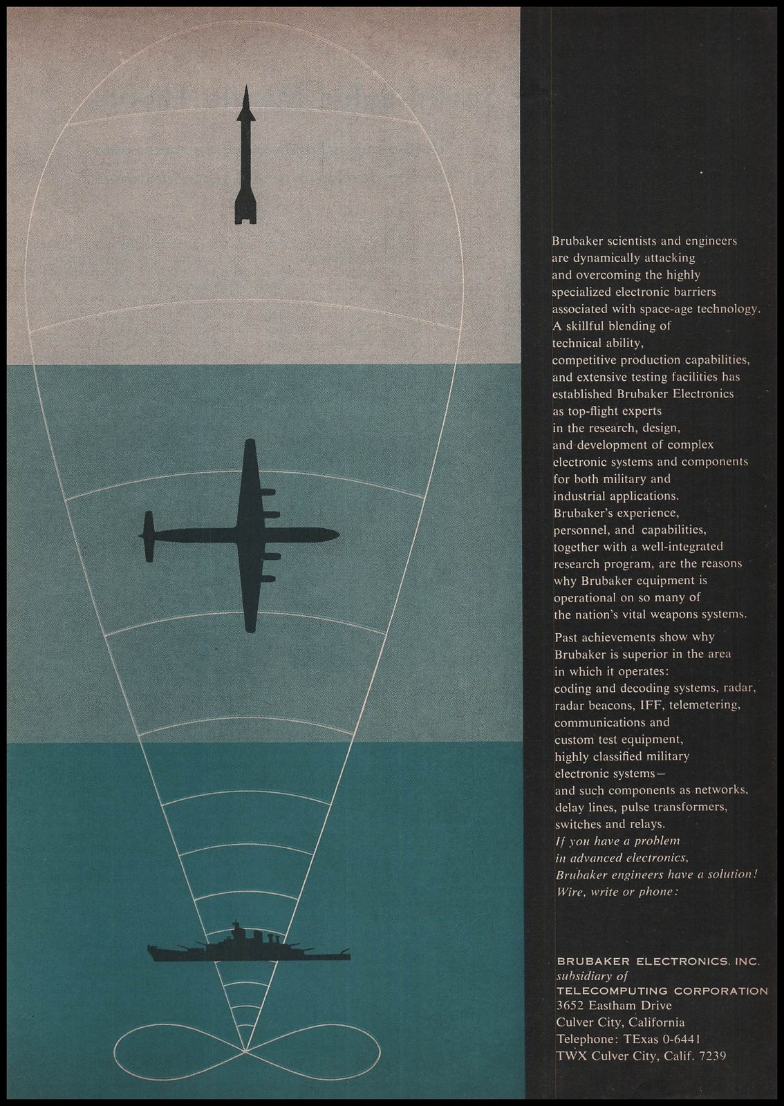 1959 Brubaker Electronics Culver City California Military Radar Systems Print Ad