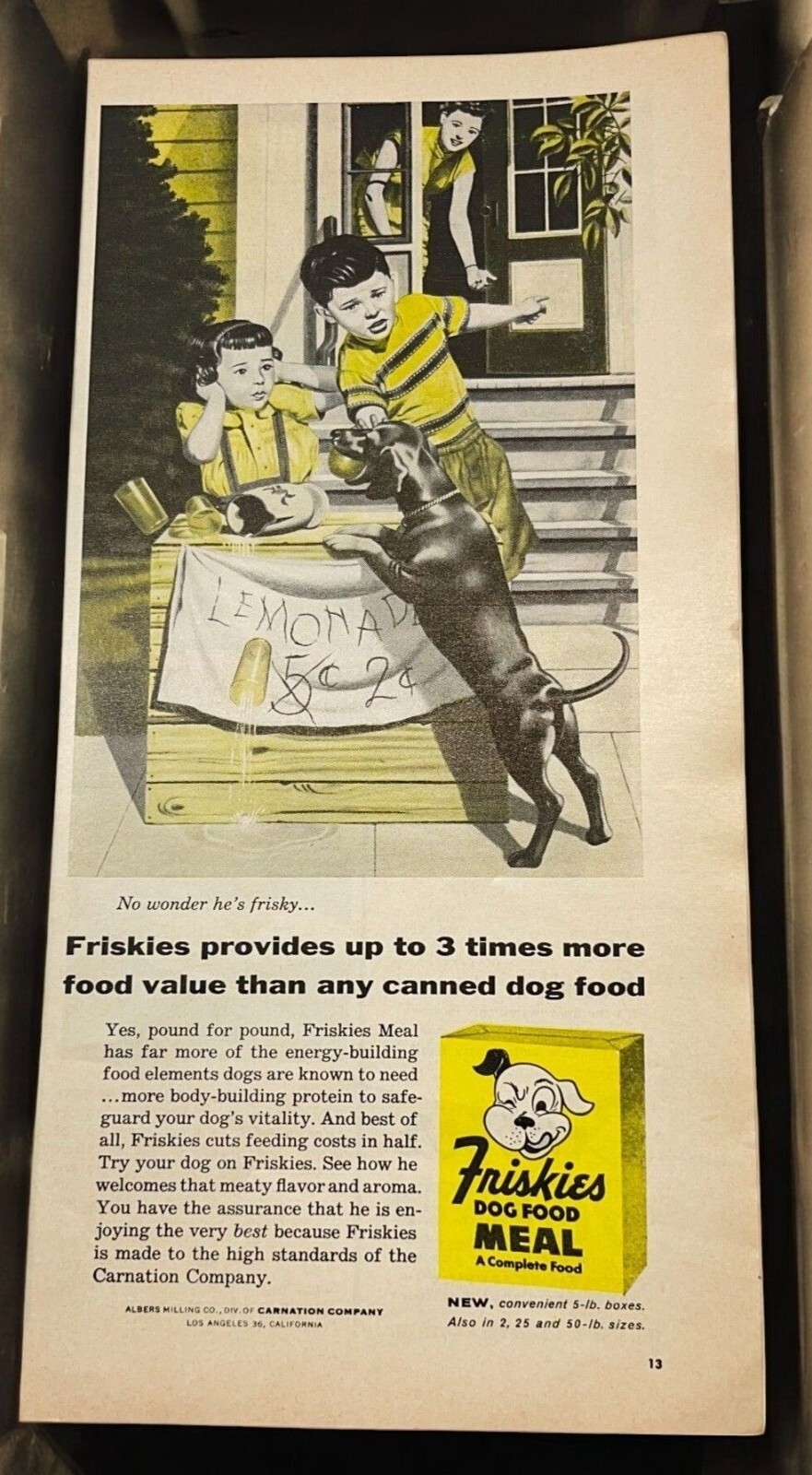Friskies Dog Food Vintage Print Ad 1950s Lemonade Stand Black Puppy Carnation Co