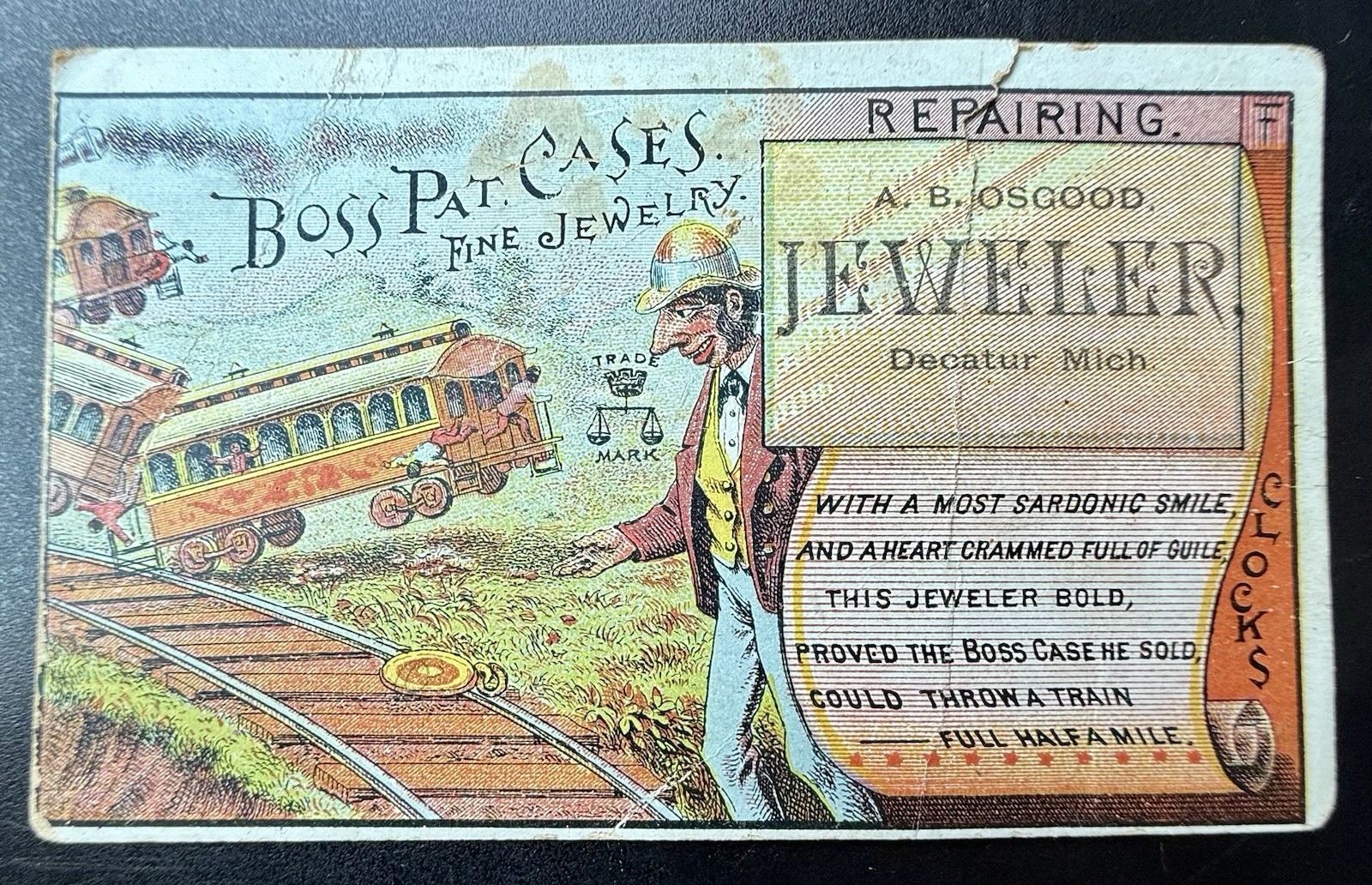 BOSS GOLD WATCH CASES 1880’S VICTORIAN TRADE CARD DECATUR MICHIGAN MI JEWELER
