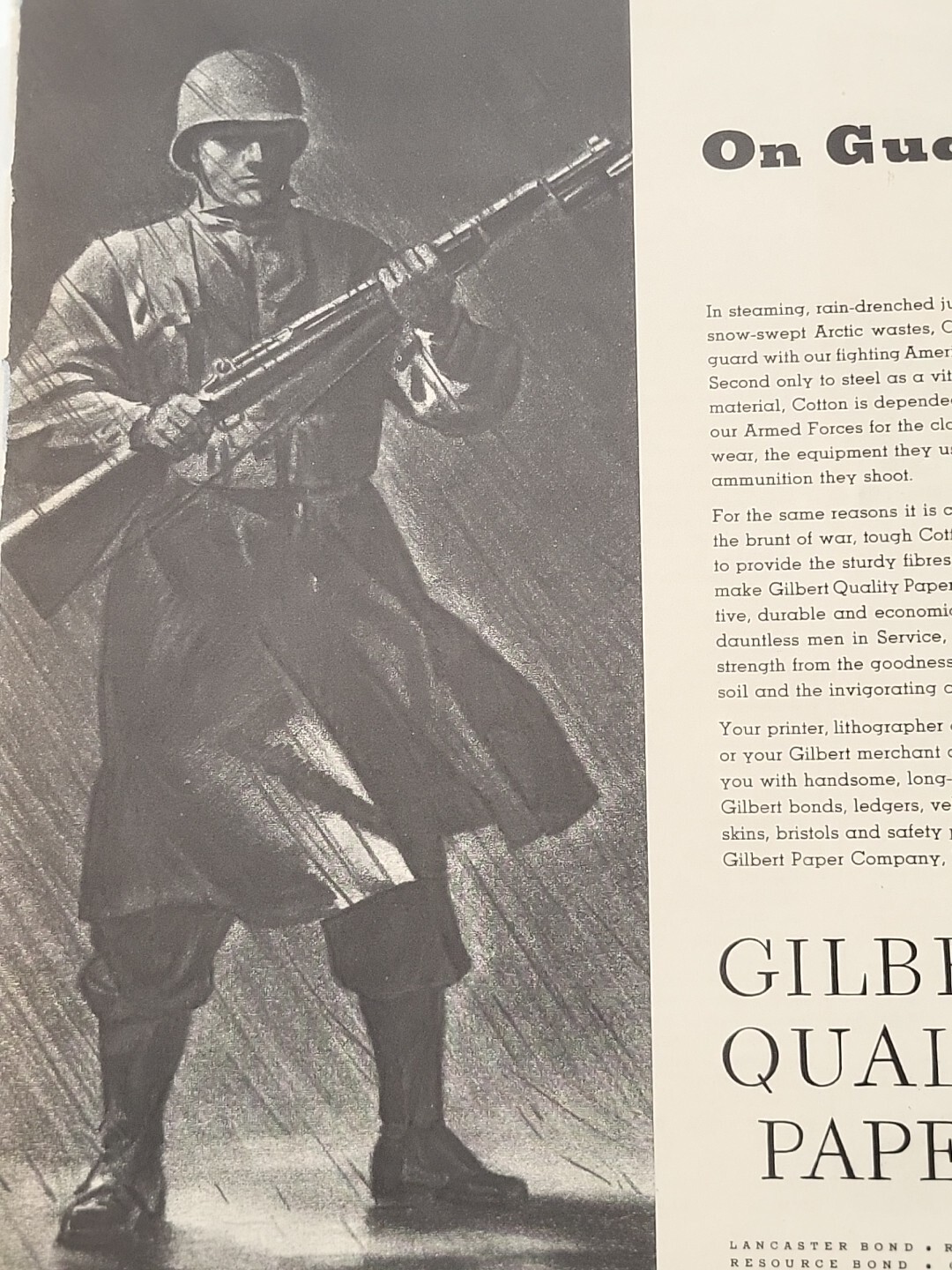 1943 Gilbert Quality Papers Fortune WW2 Print Ad On Guard Army Soldier Rifle