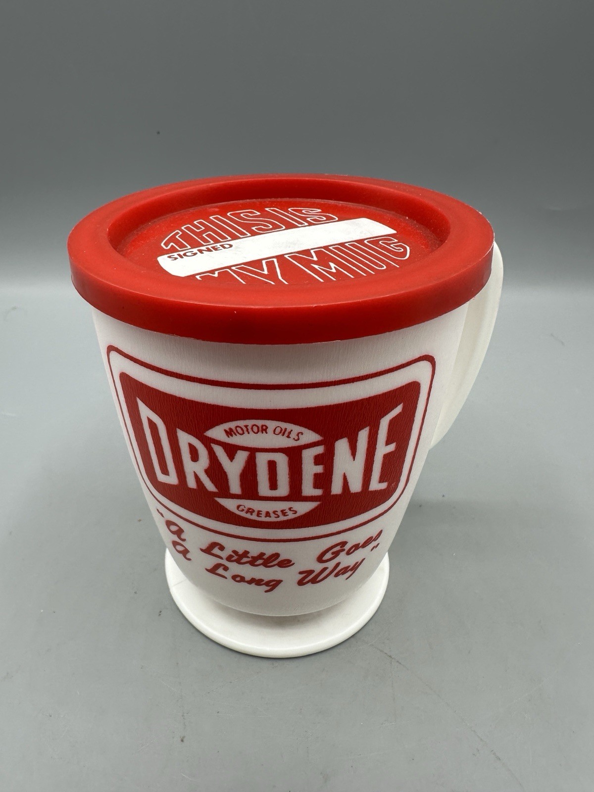 Vintage Drydene Motor Oil Mug w/ Lid Red White Plastic Cup Retro Garage Decor