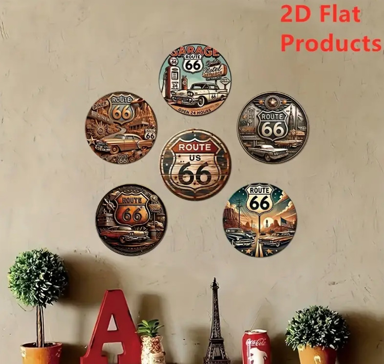 ROUTE 66 Round Metal Sign Retro Wall Art Plaque 8×8″