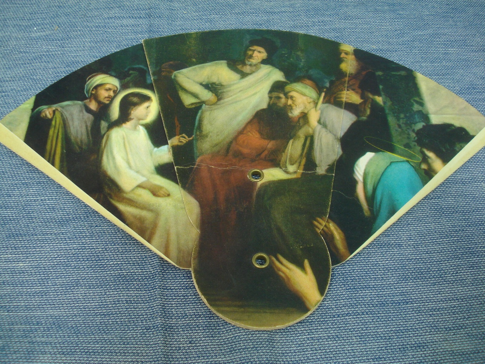 Vintage Advertising Hand Fan Tri-Slide (tri-fold) Young Jesus Teaching LQQK!!