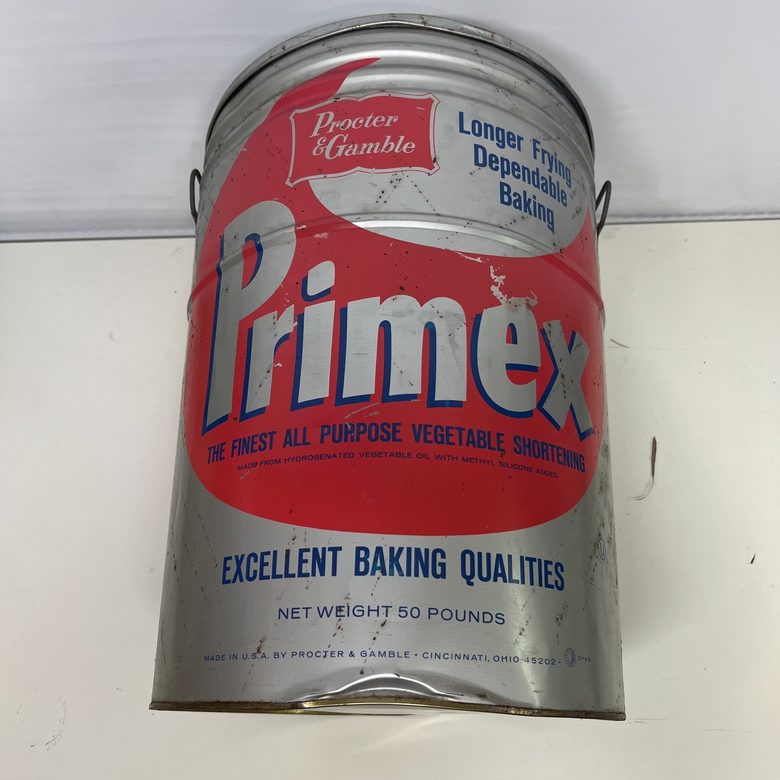 Primex Steel Tin Procter and Gamble Frying Shortening Empty Large Can 17″h x 12″