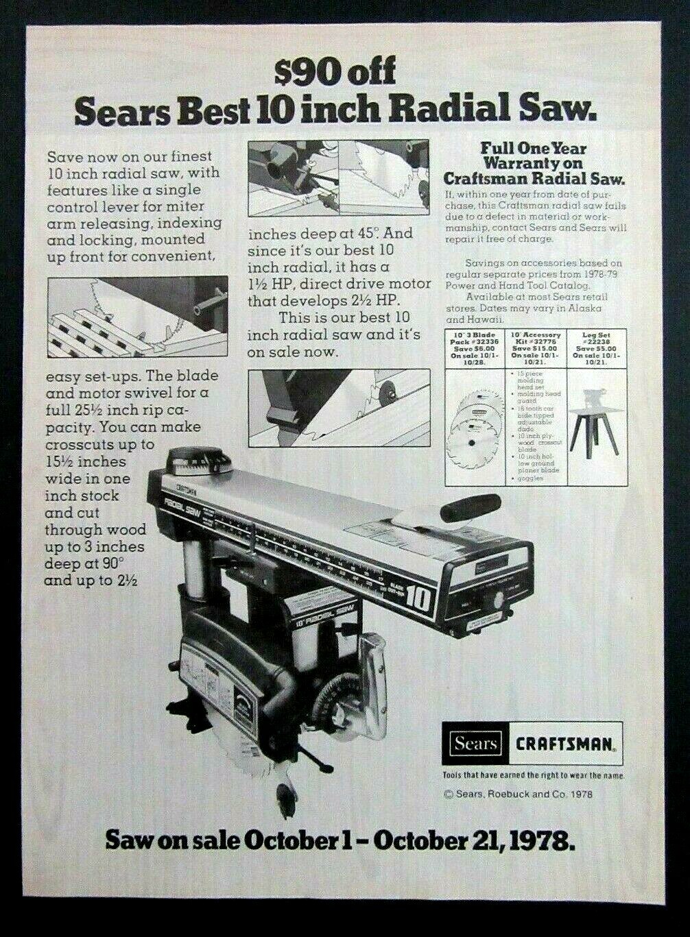 1978 Sears, Roebuck and Co. SEARS CRAFTSMAN RADIAL SAW Magazine Ad