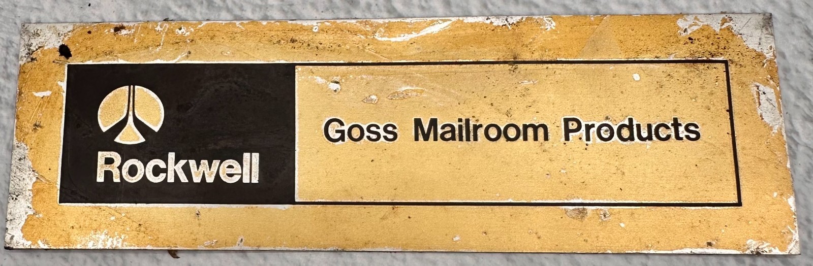 Vintage Rockwell Goss Mailroom Products Metal Equipment Nameplate Sign