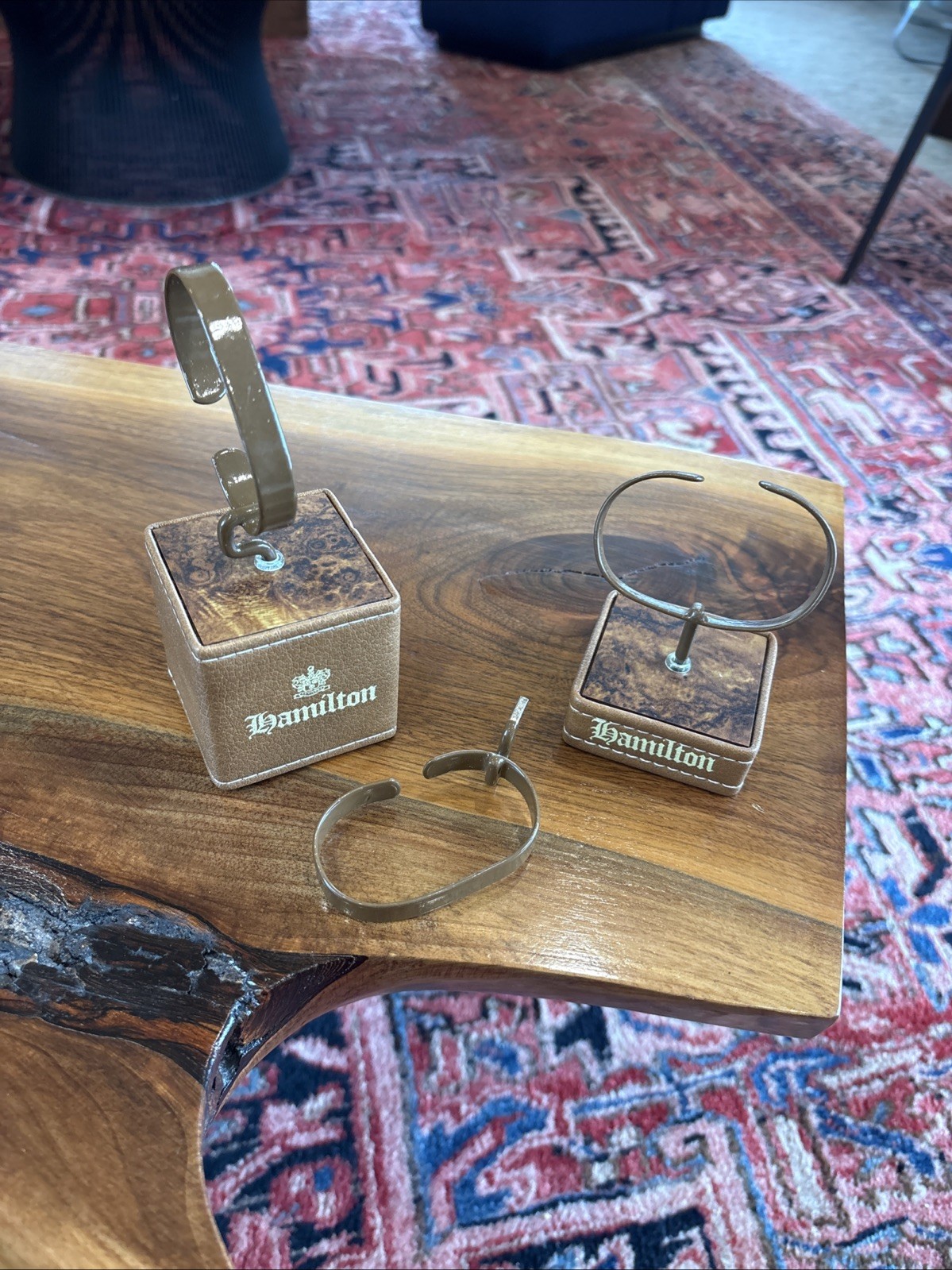 RARE HAMILTON WATCH BOX DEALER STORE DISPLAY Stand Leather Burl HTF Set Pair Vtg