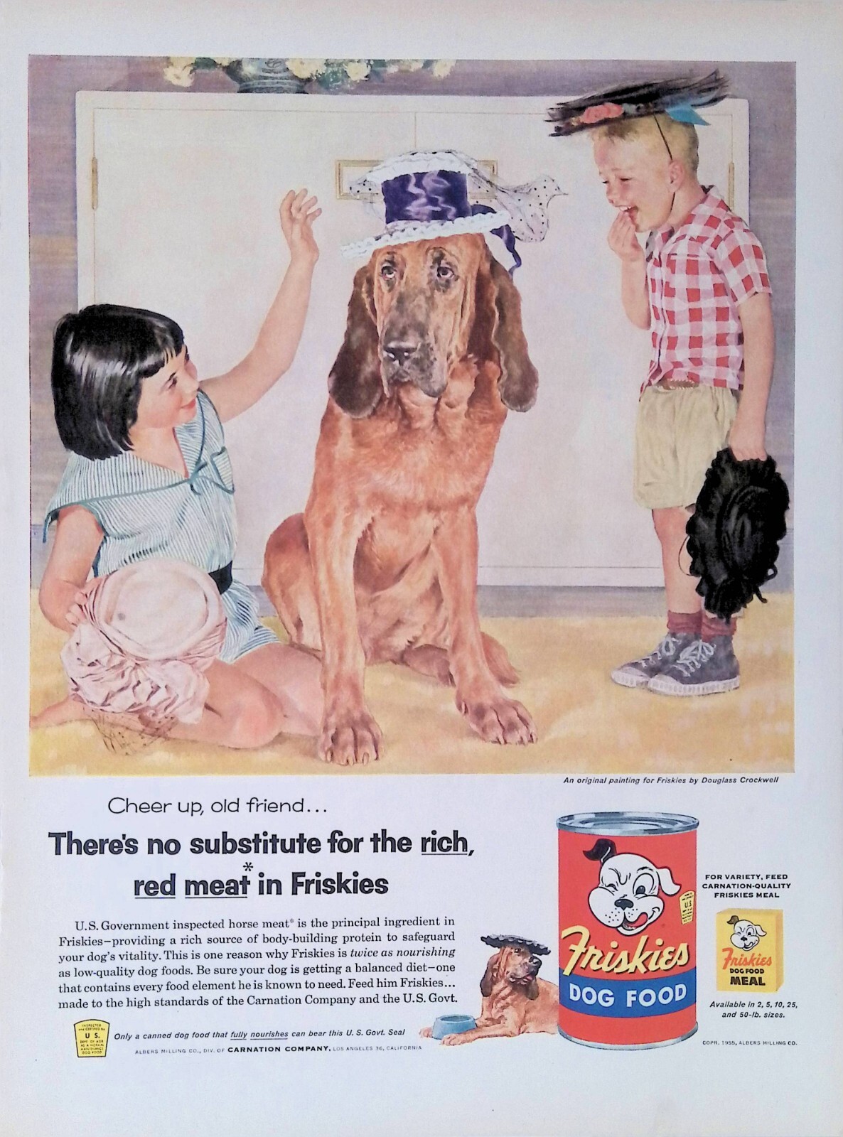 Print Ad 1950’s Friskies Dog Food Douglas Crockwell Artwork Kids Hats Doggy