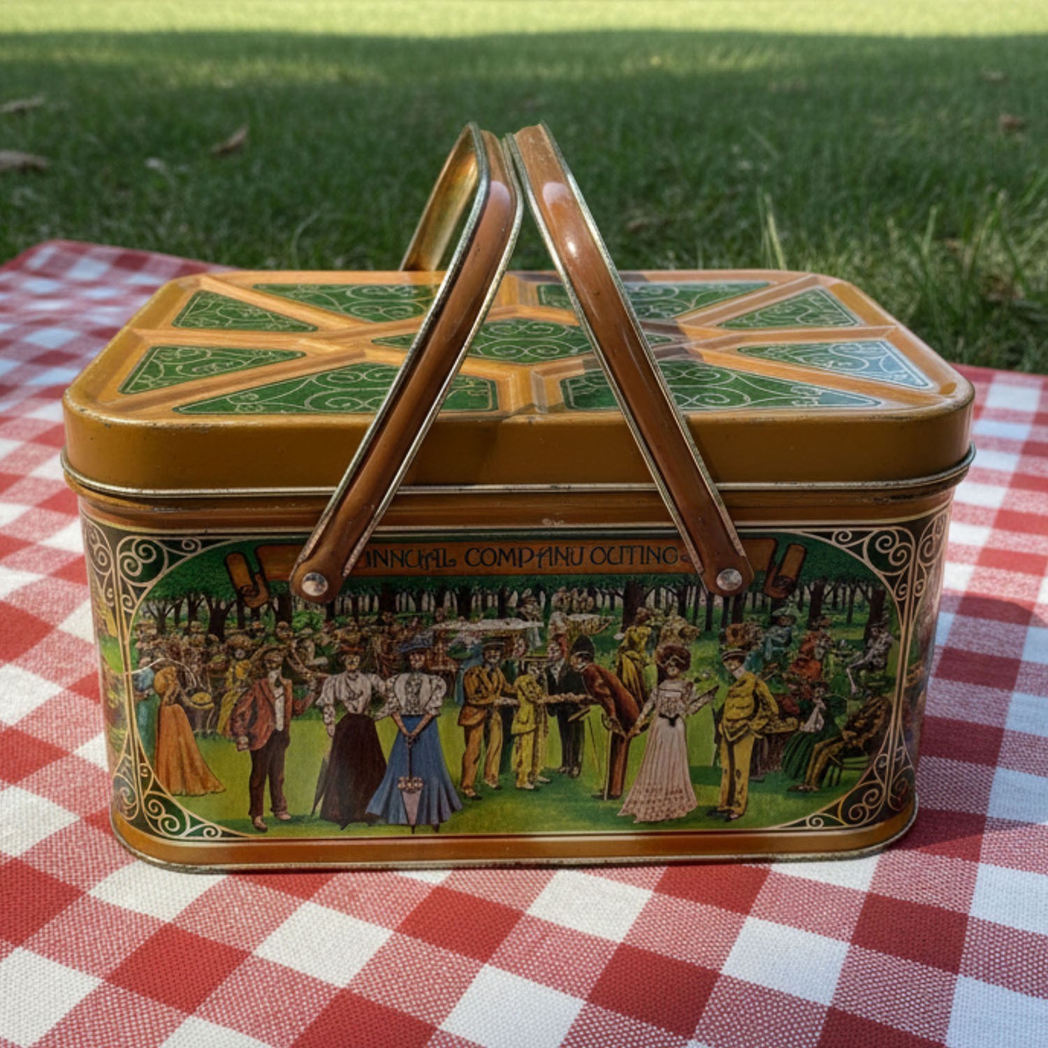 Vintage 1970s CHEINCO “Annual Company Outing” Tin Picnic Basket w/ Handles