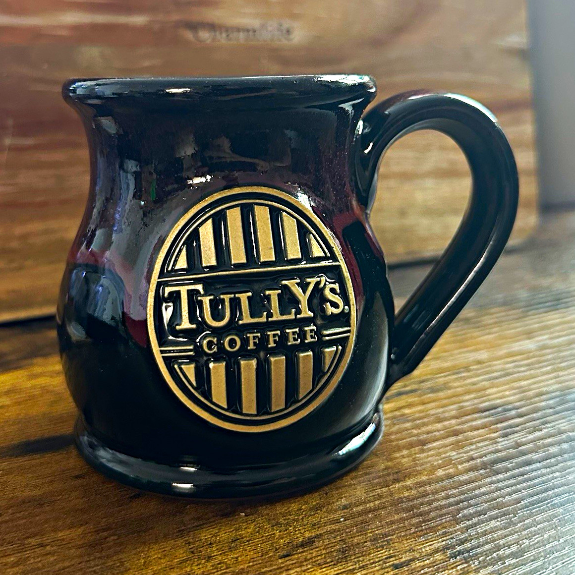 Classic Tully’s Coffee Ceramic Mug w/ Raised Logo, Black Brown Gold Maroon