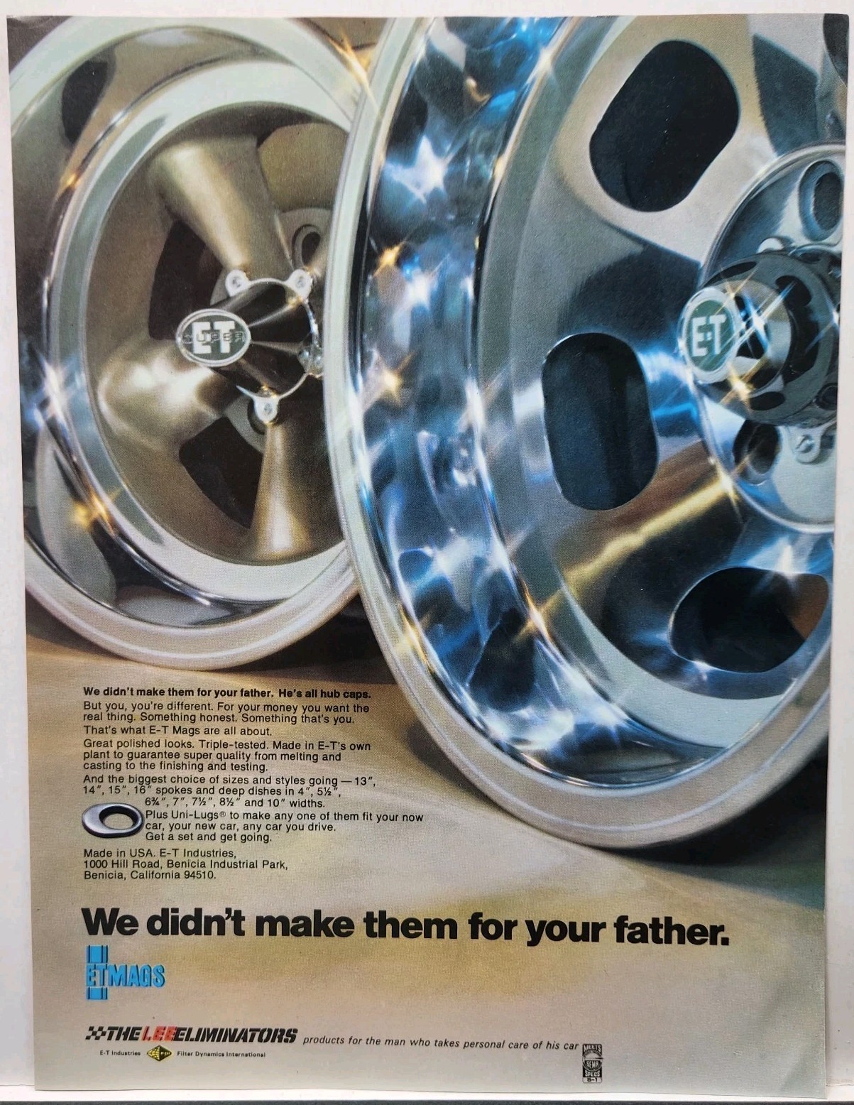 1973 E-T Mags Wheels Chrome Spokes Deep Dish Original Print Ad Retro 70s