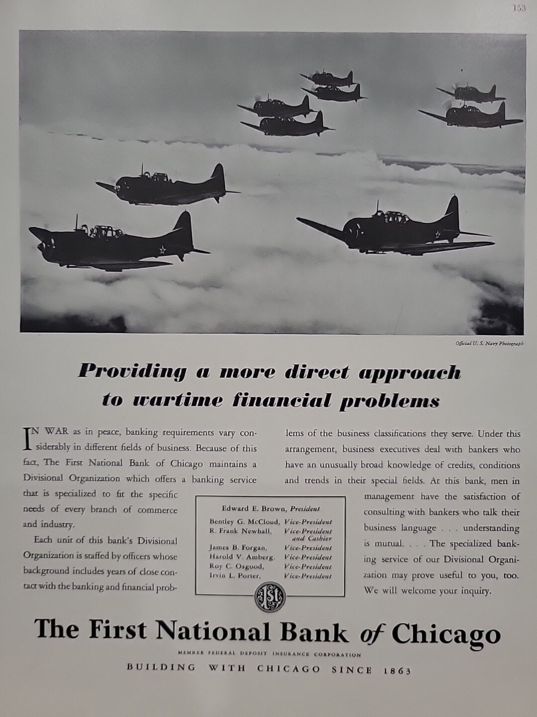 1942 First National Bank of Chicago Fortune WW2 Print Ad Q4 Navy Bomber Planes