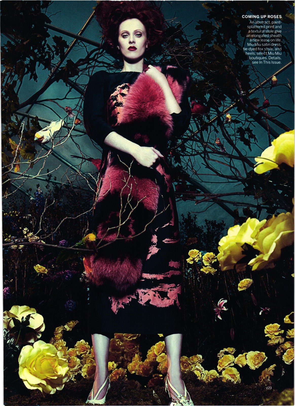 Miu Miu Paint Splattered Sheath Dress Fur Stole Coming Up Roses ’04 Print Ad 426