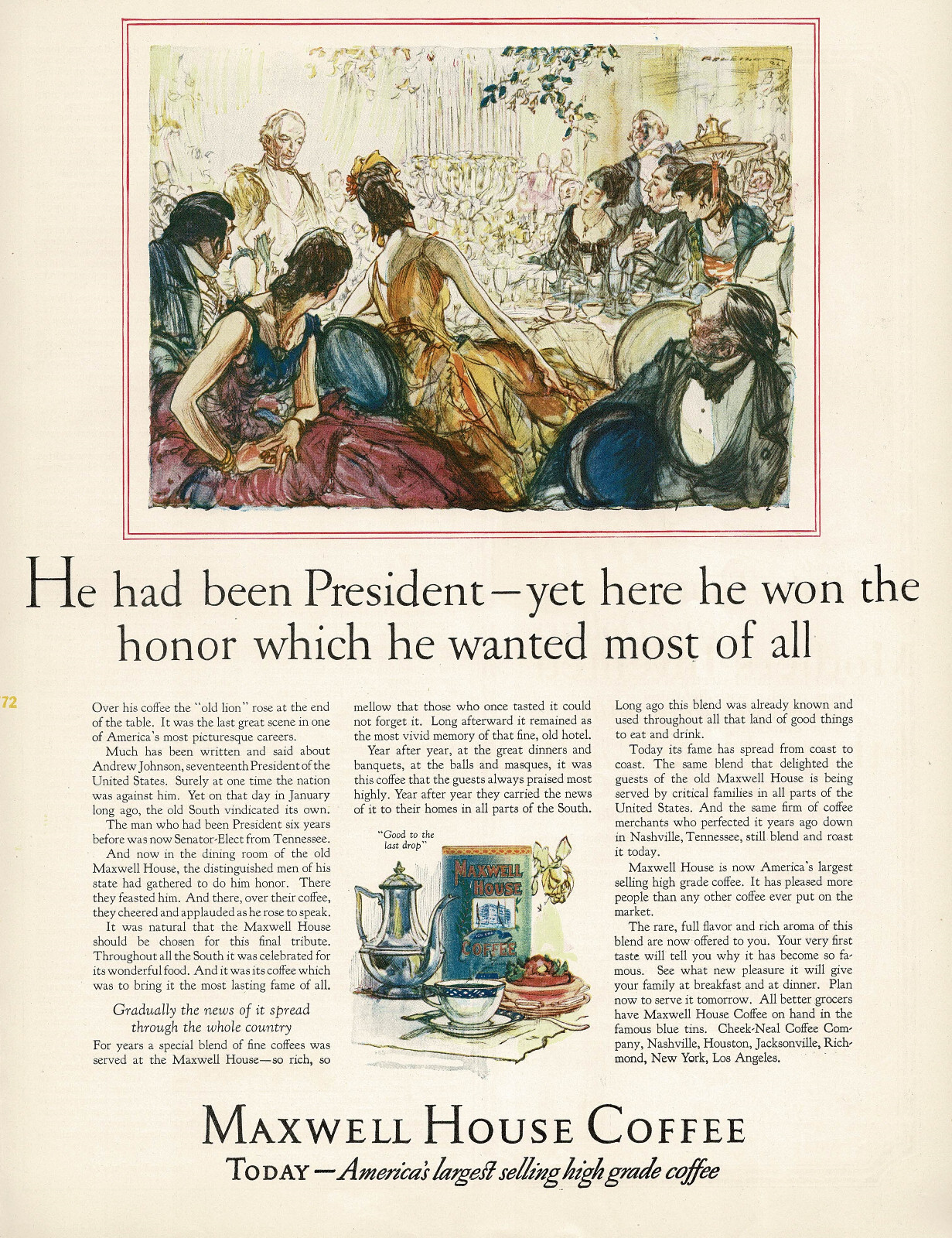 1920s Vintage Andrew Johnson Maxwell House Coffee Color Art Print Ad LARGE