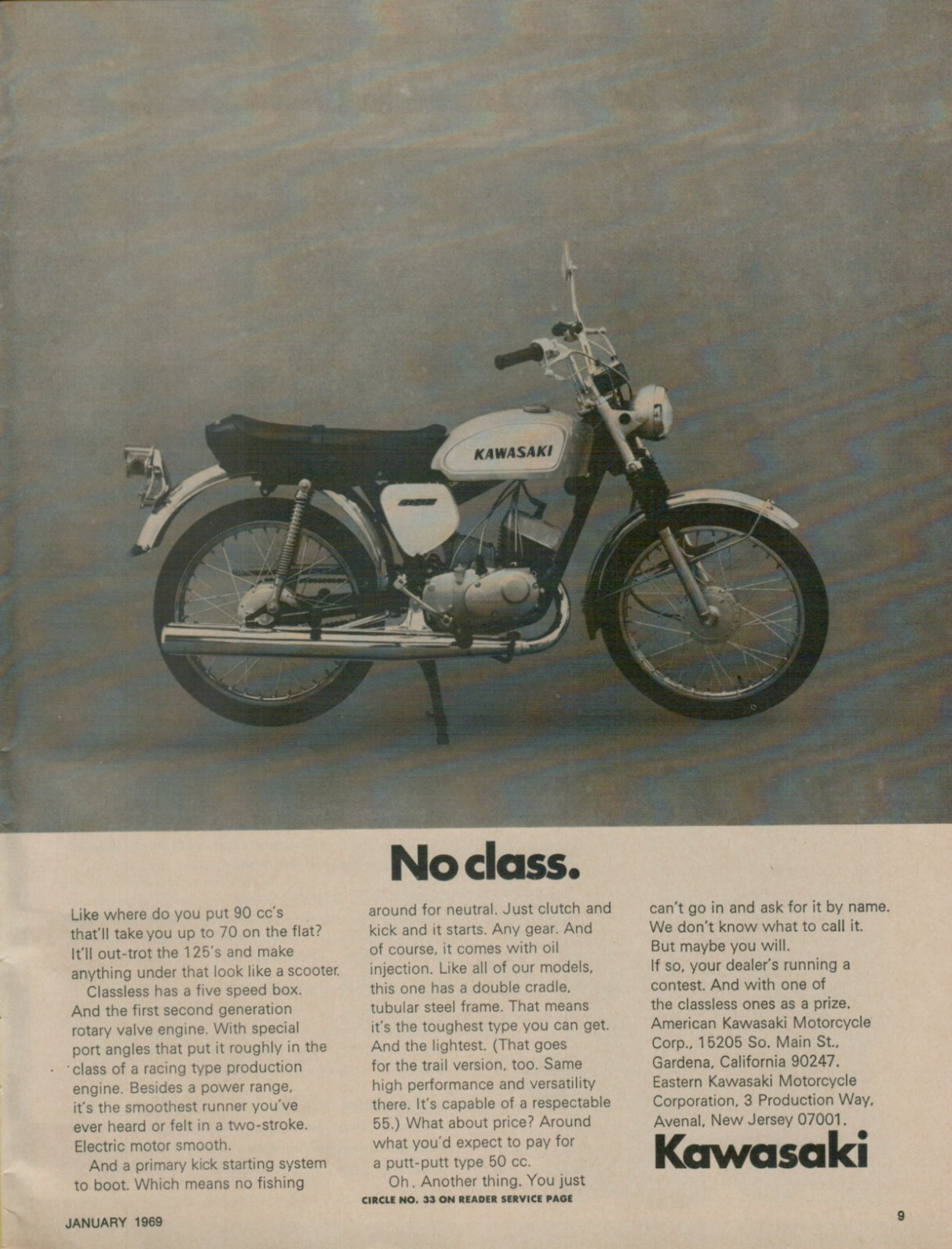 1969 Kawasaki 90cc Motorcycle No Class Out-Trot the 125s Original Print Ad