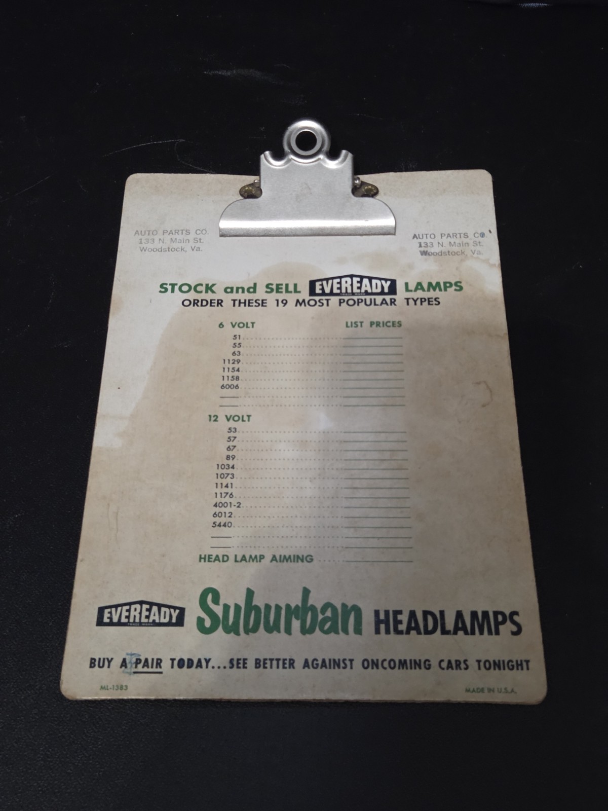 Vintage Eveready Headlamps Clipboard Advertising Woodstock Virginia Made In USA